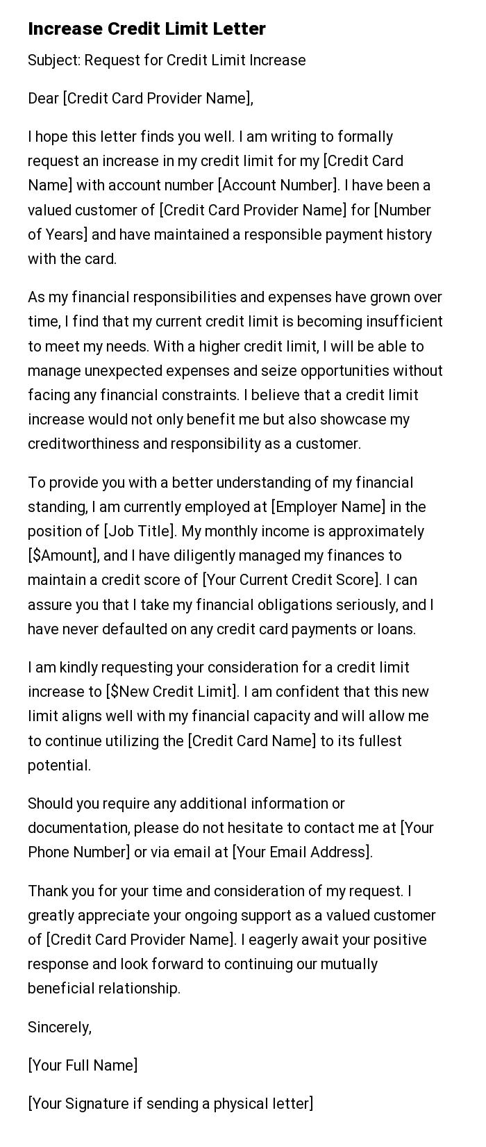 Increase Credit Limit Letter
