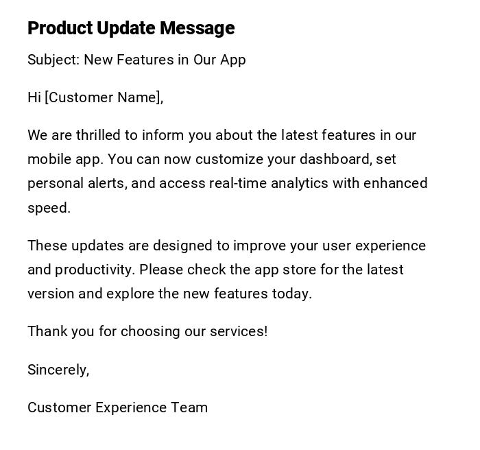 Product Update Message Product Update Message