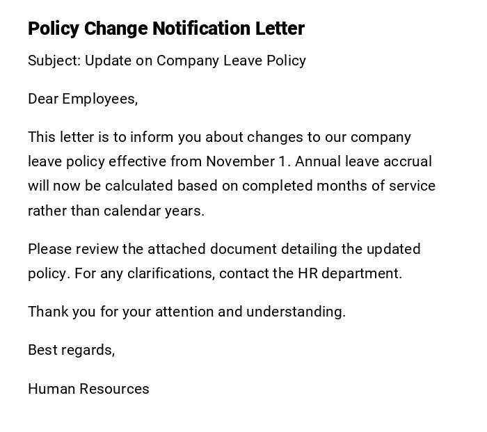 Policy Change Notification Letter Policy Change Notification Letter