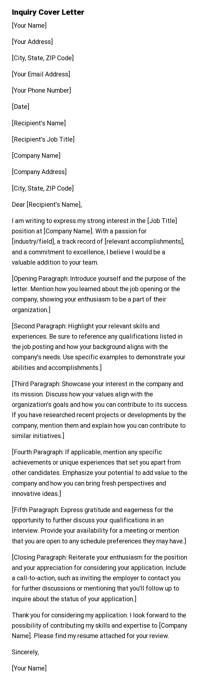 Inquiry Cover Letter