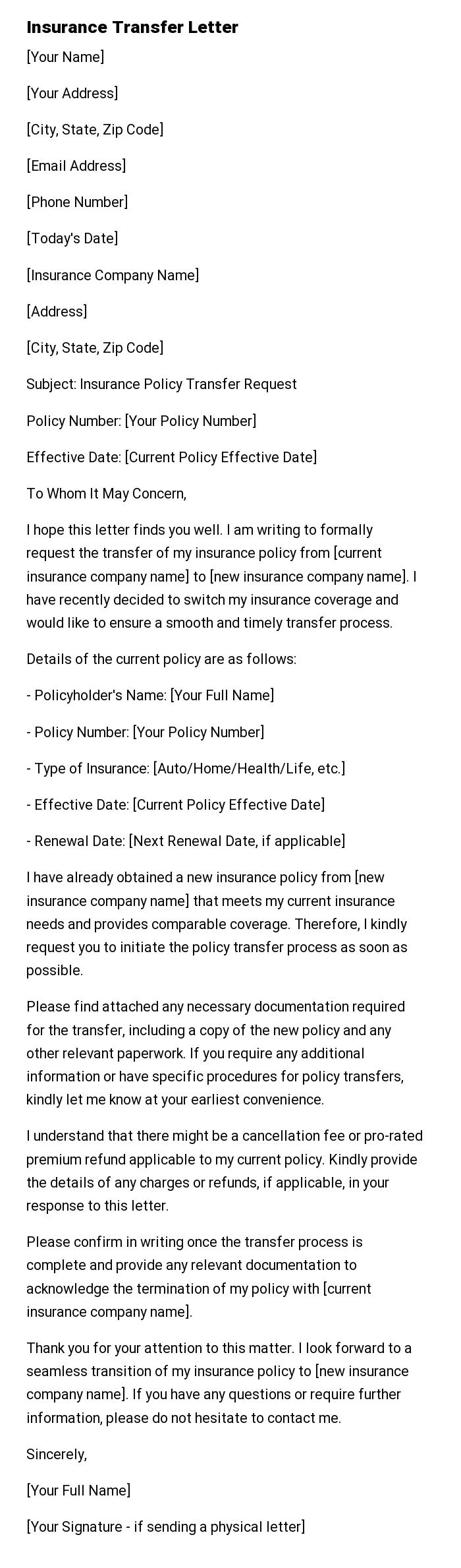 Insurance Transfer Letter