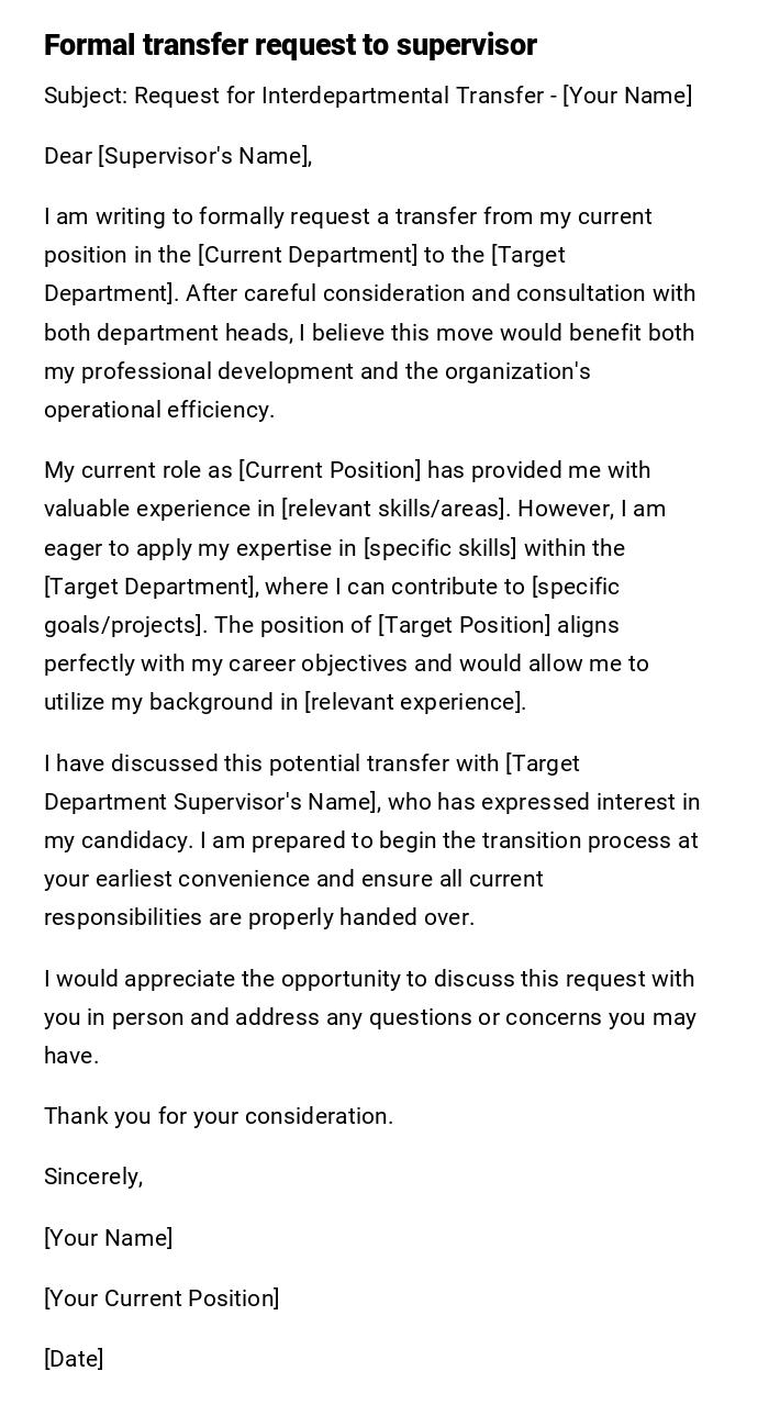 Formal transfer request to supervisor