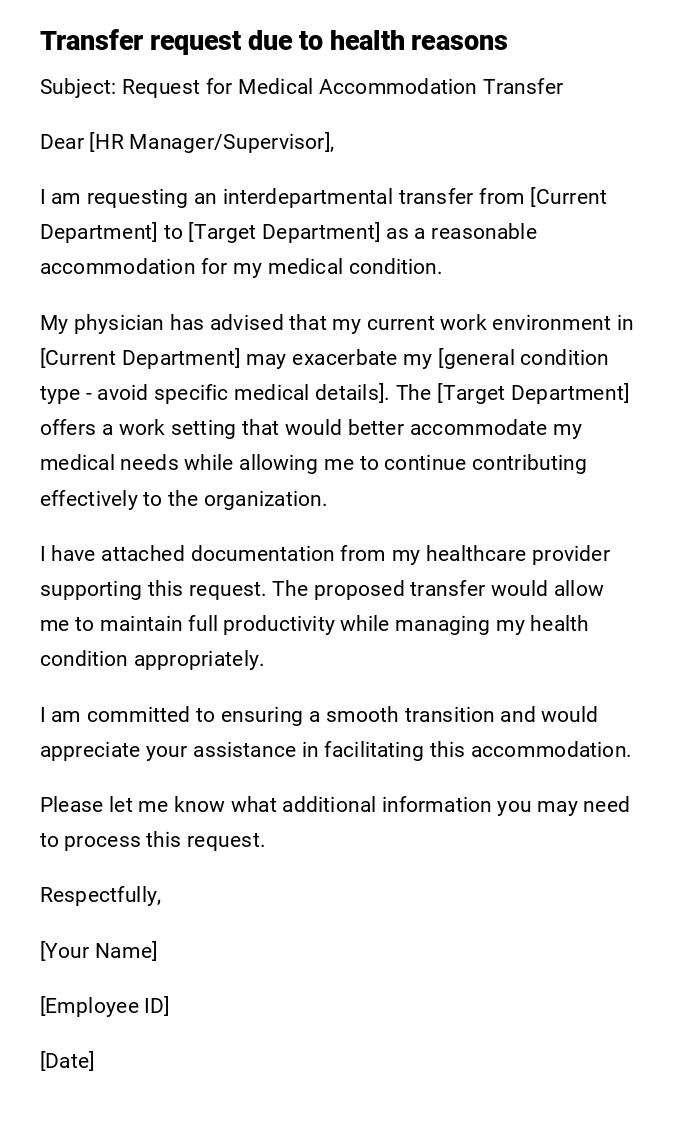 Transfer request due to health reasons