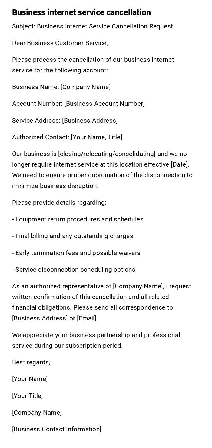 Business internet service cancellation Business internet service cancellation