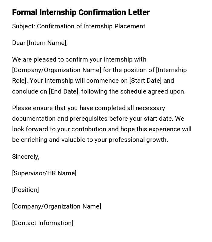 Formal Internship Confirmation Letter Formal Internship Confirmation Letter