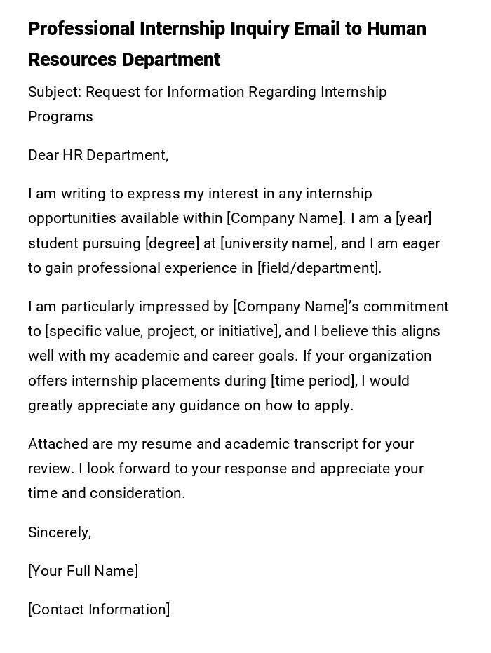 Professional Internship Inquiry Email to Human Resources Department Professional Internship Inquiry Email to Human Resources Department