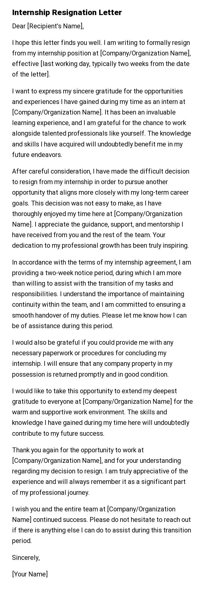 Internship Resignation Letter