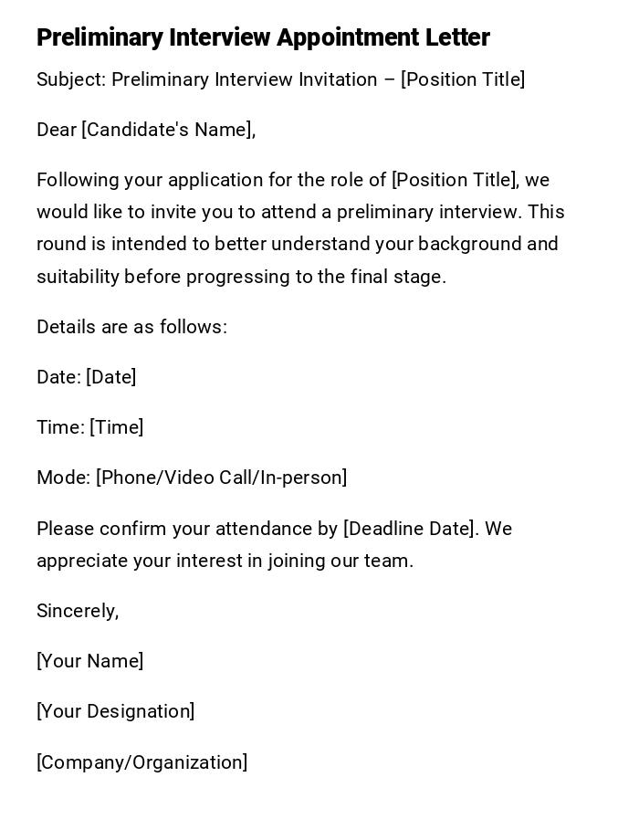 Preliminary Interview Appointment Letter Preliminary Interview Appointment Letter