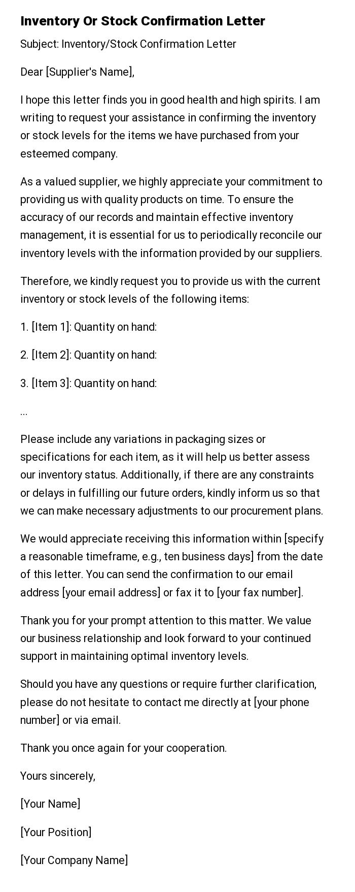 Inventory Or Stock Confirmation Letter