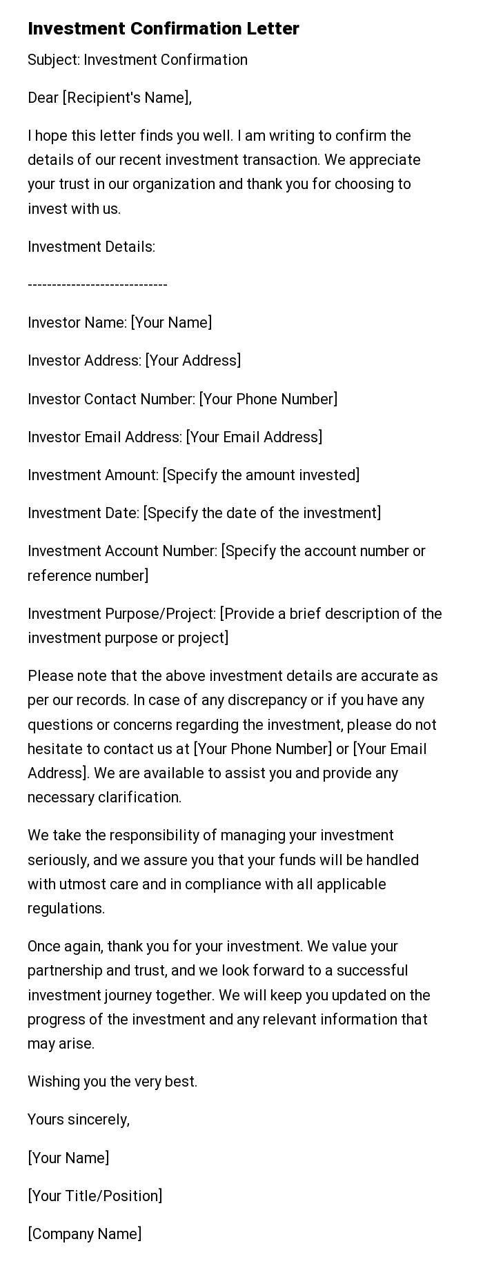 Investment Confirmation Letter