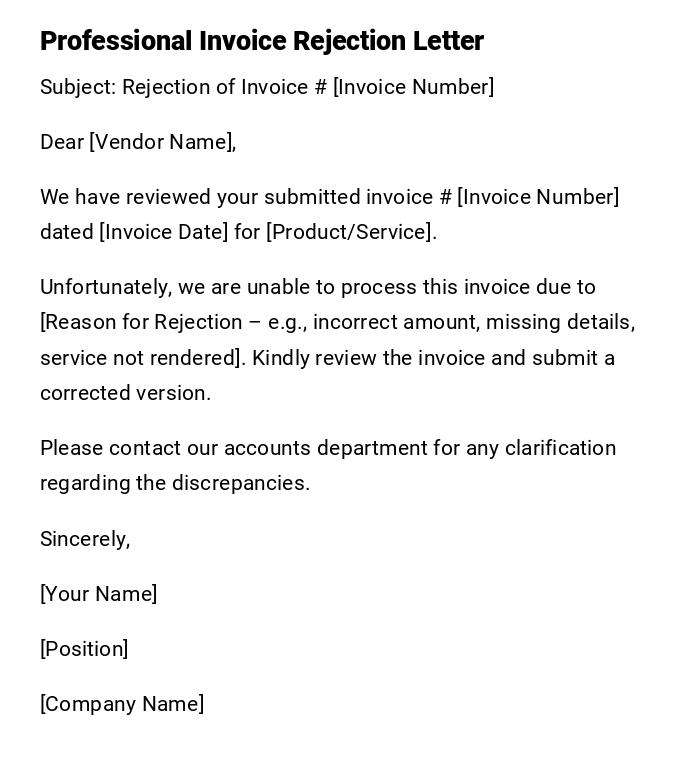 Professional Invoice Rejection Letter Professional Invoice Rejection Letter
