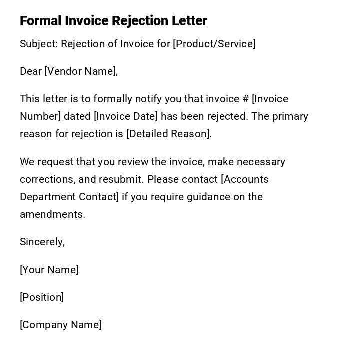 Formal Invoice Rejection Letter Formal Invoice Rejection Letter