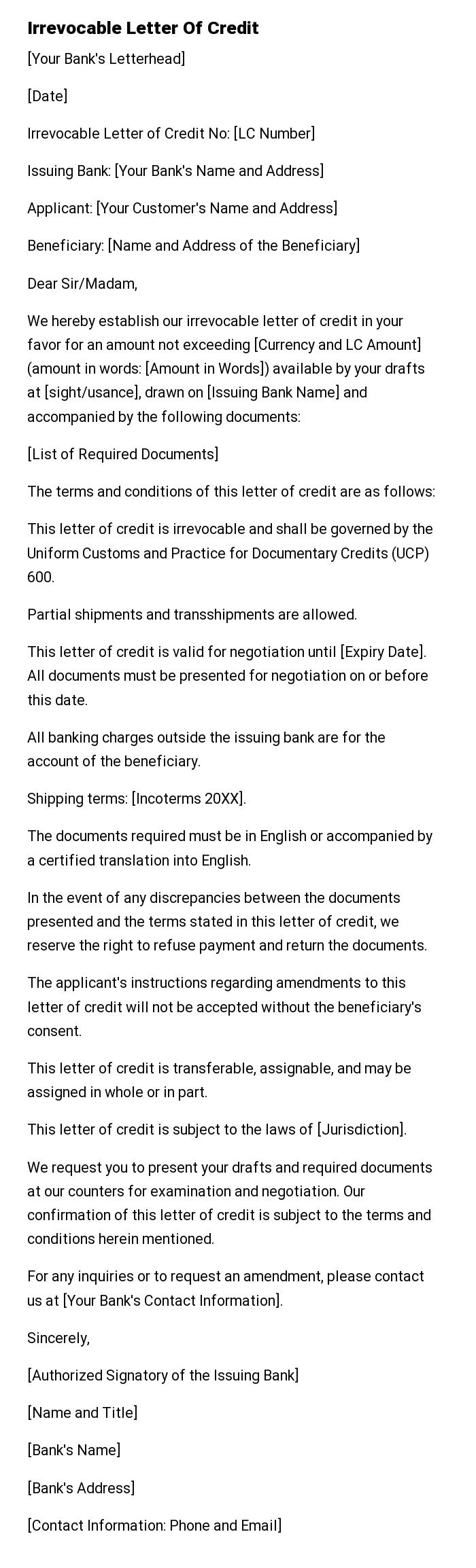 Irrevocable Letter Of Credit