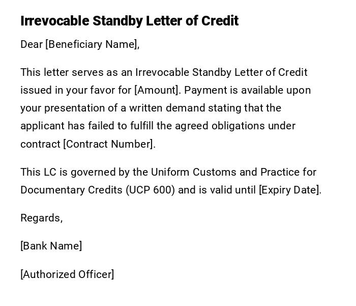 Irrevocable Standby Letter of Credit Irrevocable Standby Letter of Credit