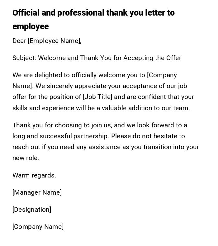 Official and professional thank you letter to employee Official and professional thank you letter to employee