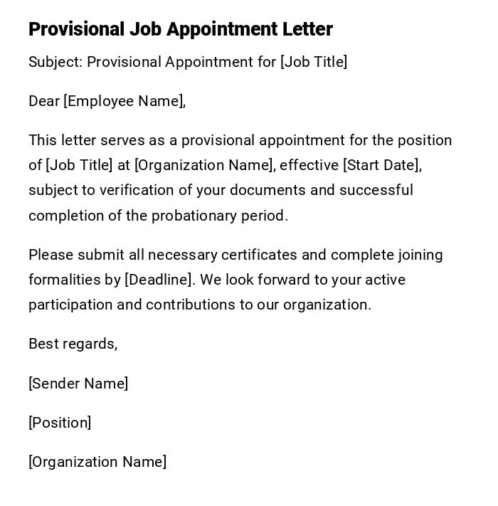 Provisional Job Appointment Letter Provisional Job Appointment Letter