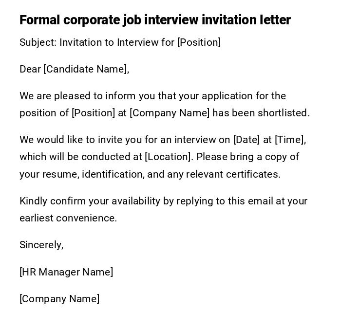 Formal corporate job interview invitation letter Formal corporate job interview invitation letter