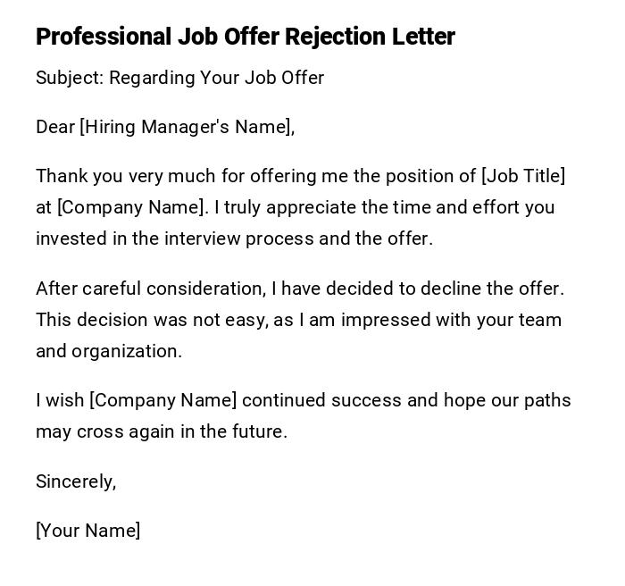 Professional Job Offer Rejection Letter Professional Job Offer Rejection Letter