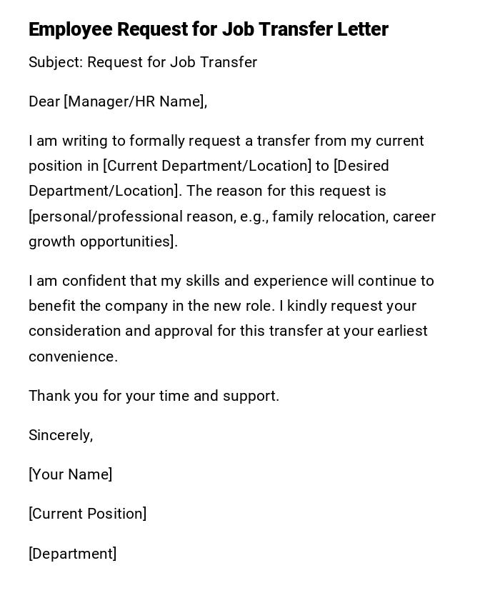 Employee Request for Job Transfer Letter Employee Request for Job Transfer Letter