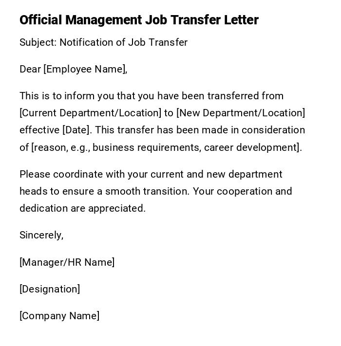 Official Management Job Transfer Letter Official Management Job Transfer Letter