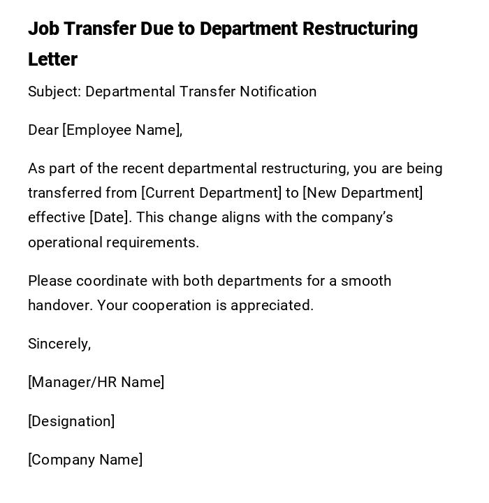Job Transfer Due to Department Restructuring Letter Job Transfer Due to Department Restructuring Letter