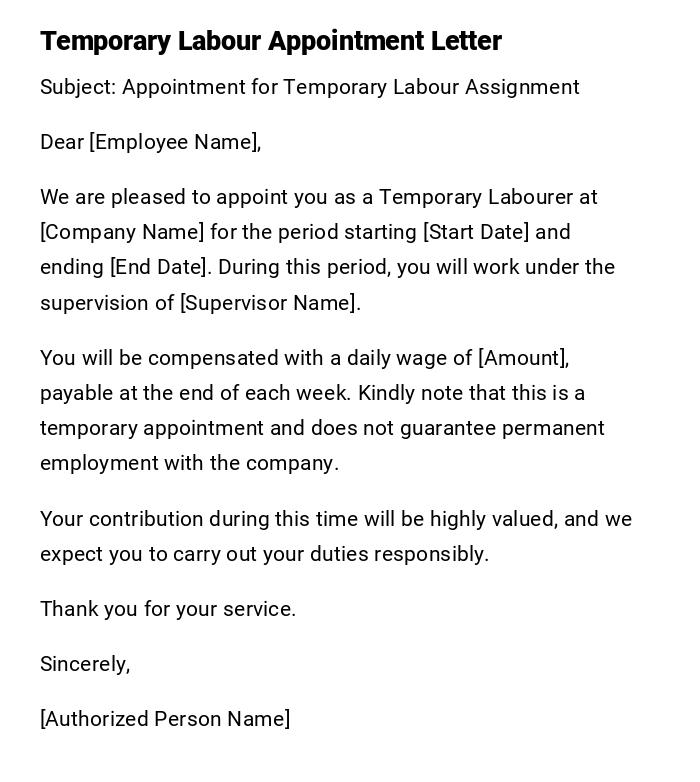 Temporary Labour Appointment Letter