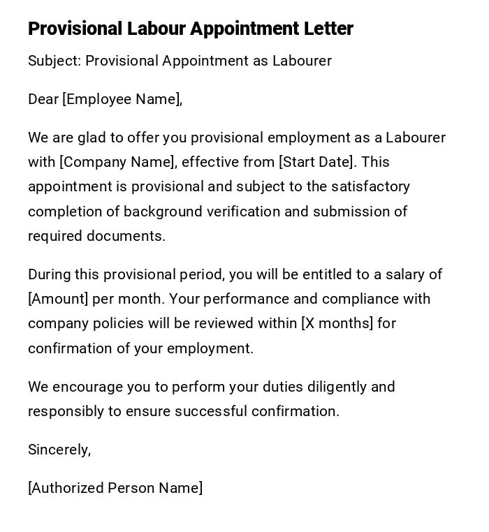 Provisional Labour Appointment Letter