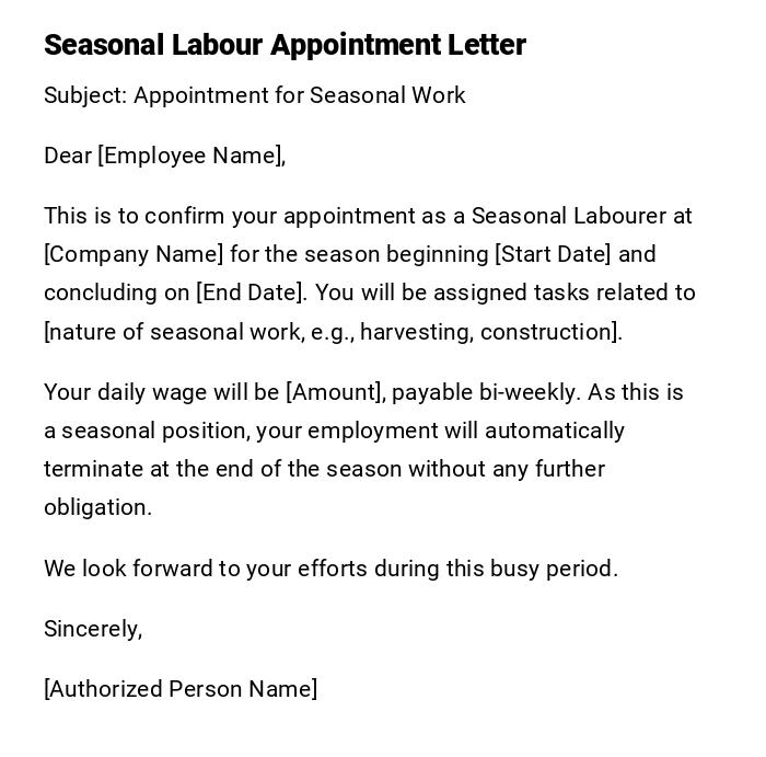 Seasonal Labour Appointment Letter