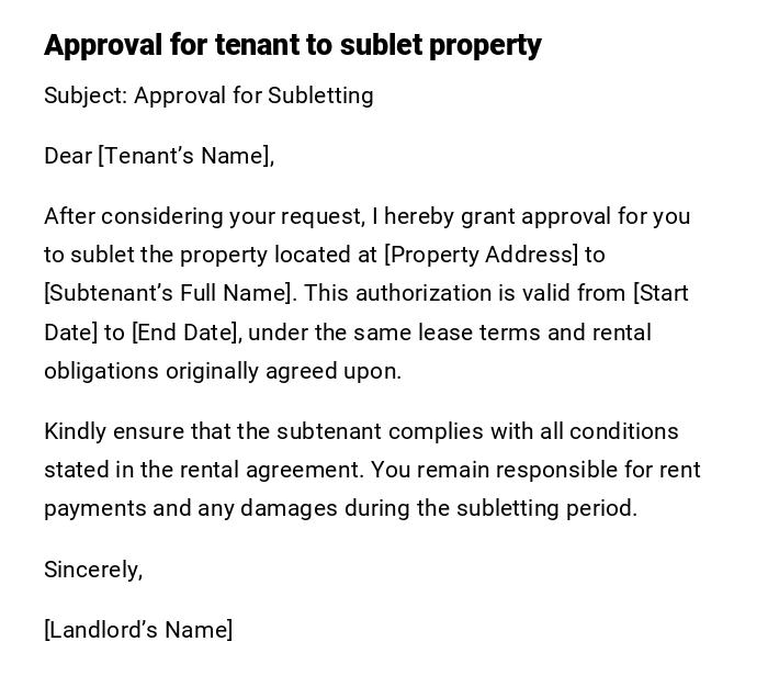 Approval for tenant to sublet property Approval for tenant to sublet property