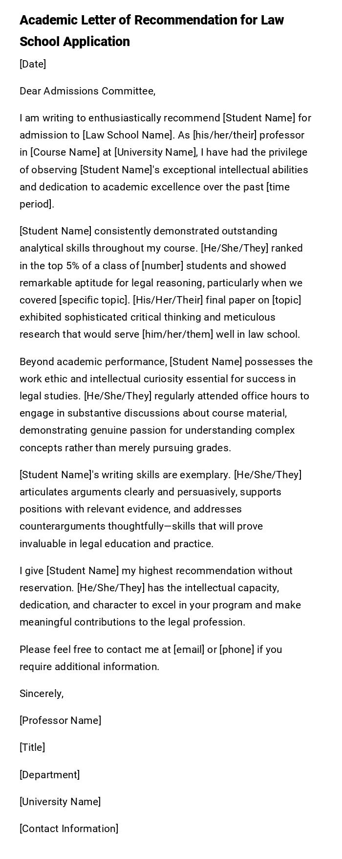 Academic Letter of Recommendation for Law School Application Academic Letter of Recommendation for Law School Application
