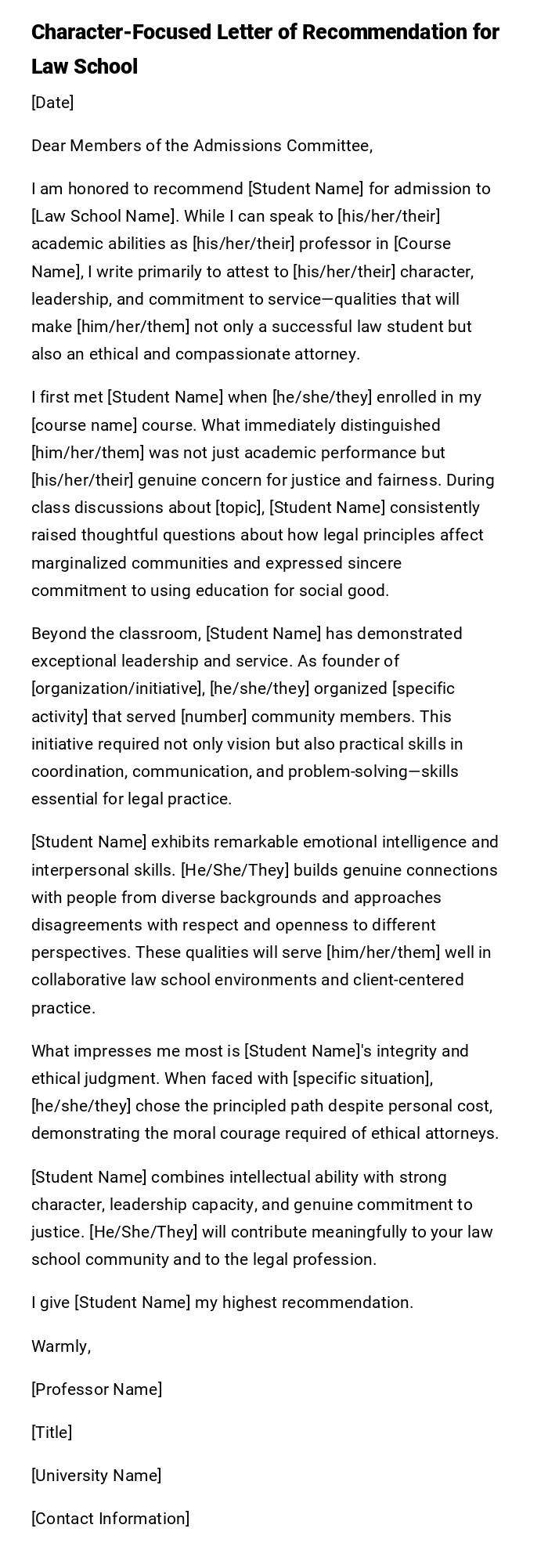 Character-Focused Letter of Recommendation for Law School Character-Focused Letter of Recommendation for Law School