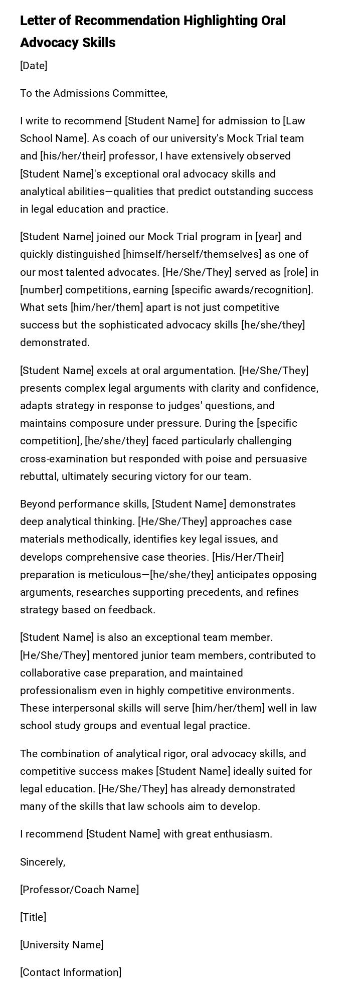 Letter of Recommendation Highlighting Oral Advocacy Skills Letter of Recommendation Highlighting Oral Advocacy Skills