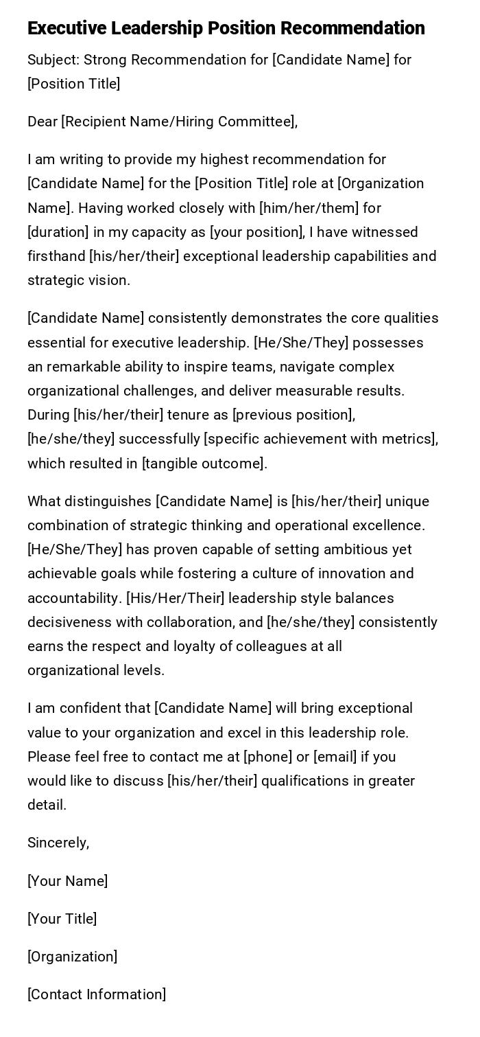 Executive Leadership Position Recommendation Executive Leadership Position Recommendation