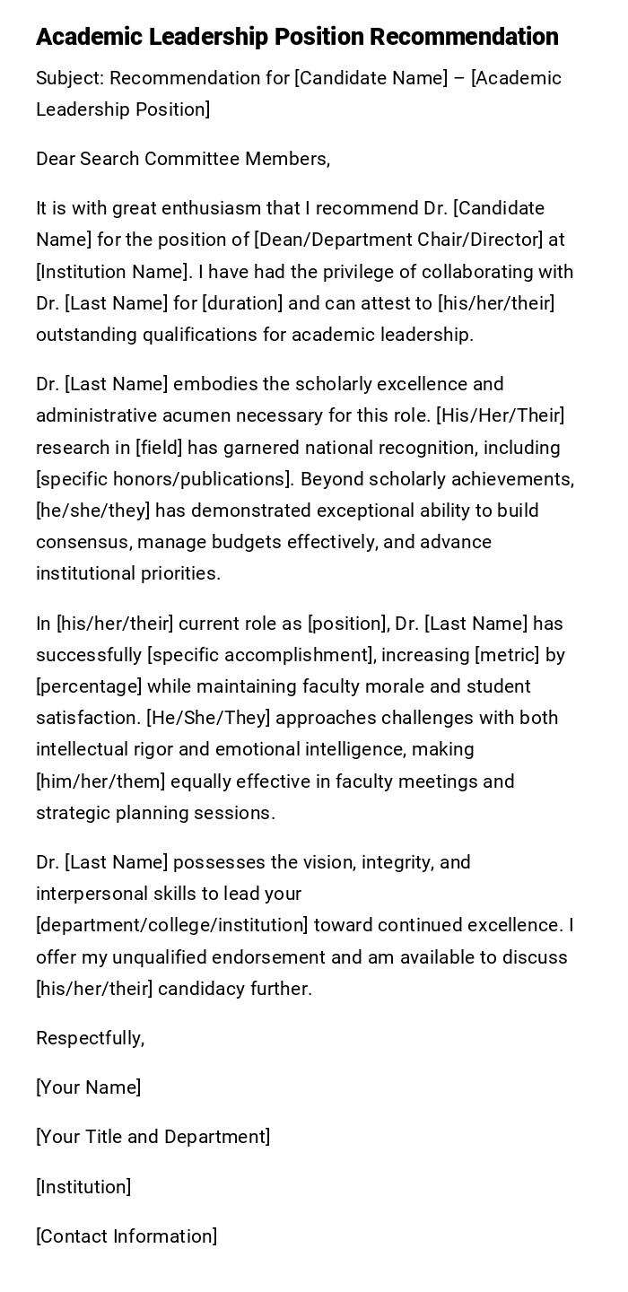 Academic Leadership Position Recommendation Academic Leadership Position Recommendation