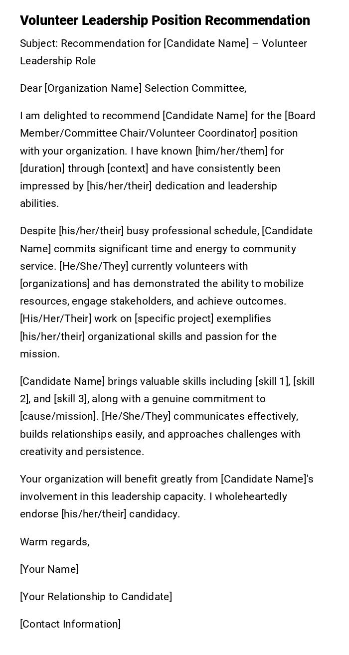 Volunteer Leadership Position Recommendation Volunteer Leadership Position Recommendation