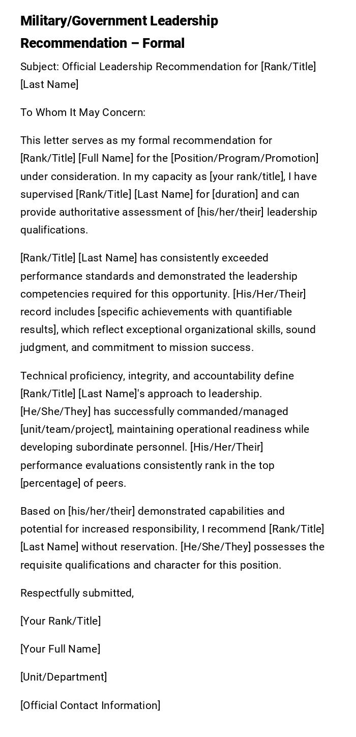 Military/Government Leadership Recommendation – Formal Military/Government Leadership Recommendation – Formal
