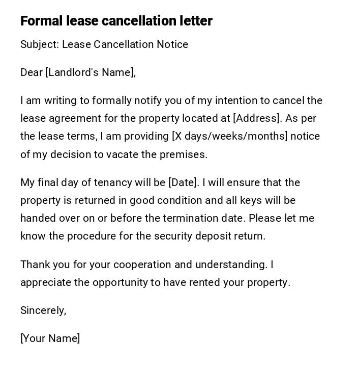 Formal lease cancellation letter Formal lease cancellation letter