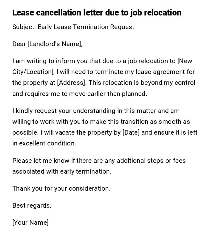 Lease cancellation letter due to job relocation Lease cancellation letter due to job relocation