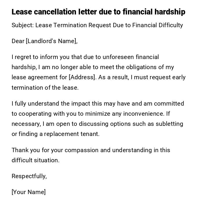Lease cancellation letter due to financial hardship Lease cancellation letter due to financial hardship