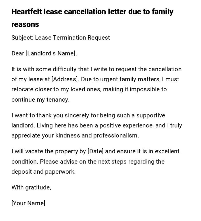 Heartfelt lease cancellation letter due to family reasons Heartfelt lease cancellation letter due to family reasons