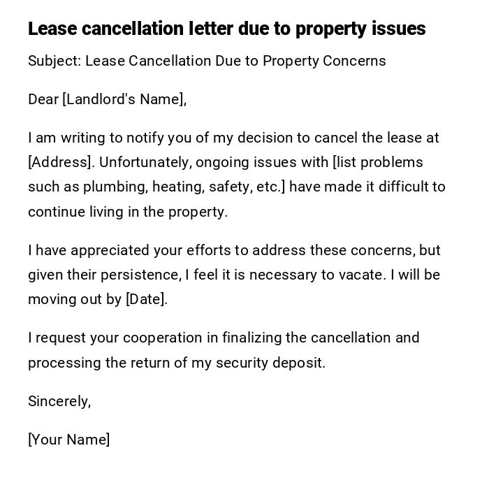 Lease cancellation letter due to property issues Lease cancellation letter due to property issues