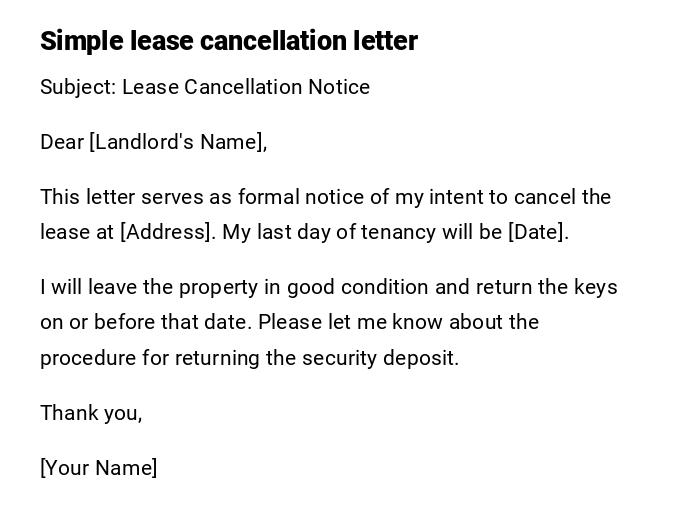 Simple lease cancellation letter Simple lease cancellation letter