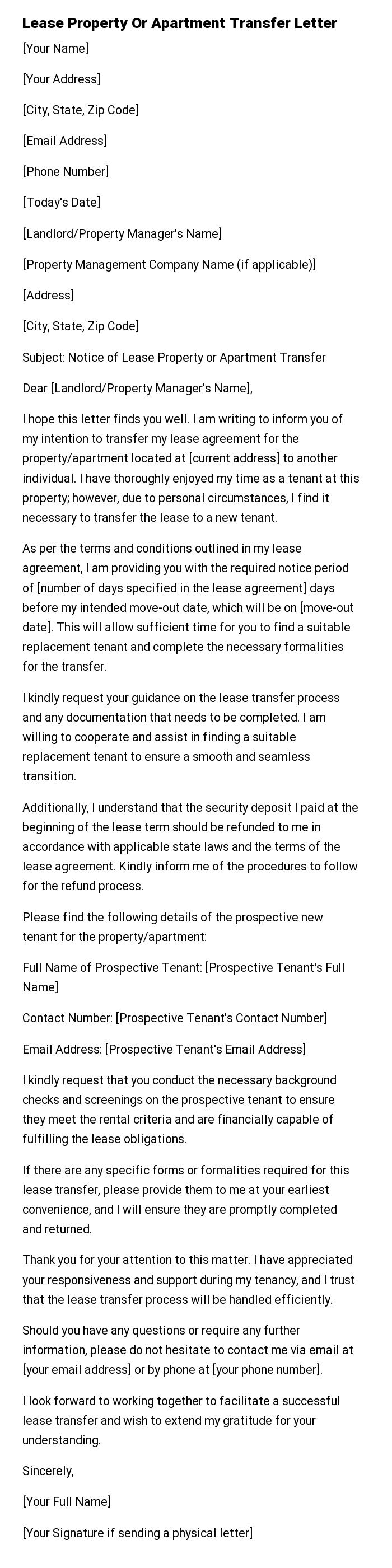 Lease Property Or Apartment Transfer Letter
