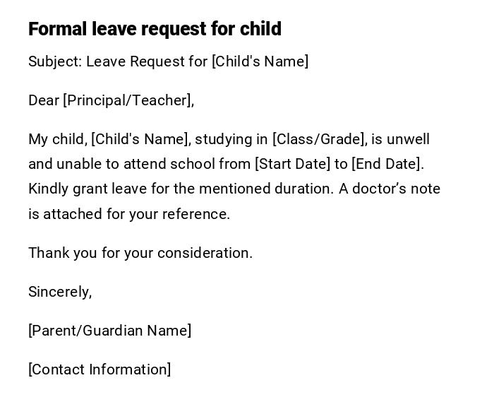 Formal leave request for child Formal leave request for child