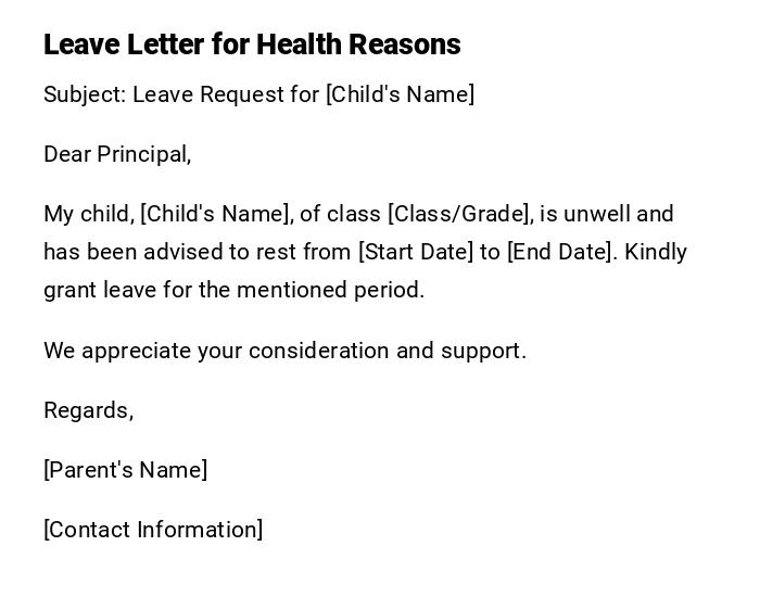 Leave Letter for Health Reasons Leave Letter for Health Reasons