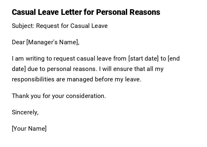 Casual Leave Letter for Personal Reasons Casual Leave Letter for Personal Reasons