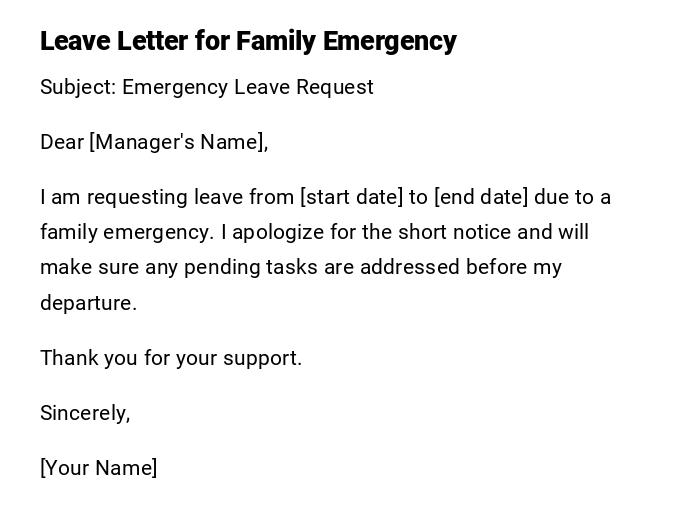 Leave Letter for Family Emergency Leave Letter for Family Emergency
