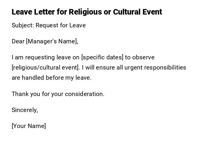 Leave Letter for Religious or Cultural Event Leave Letter for Religious or Cultural Event