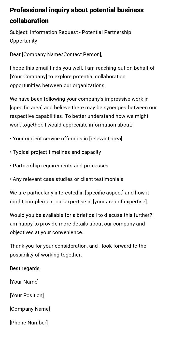 Professional inquiry about potential business collaboration Professional inquiry about potential business collaboration