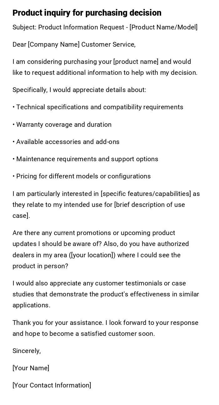 Product inquiry for purchasing decision Product inquiry for purchasing decision